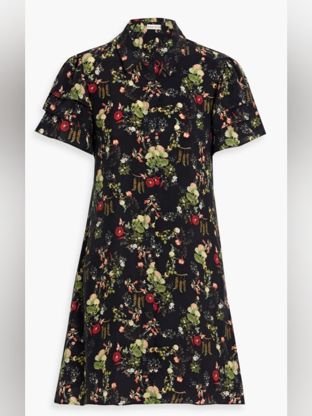 Alice + Olivia Black Floral Dress with Red and Green Accents A Must Have